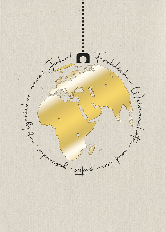 Weihnachtskarte: Globus-Kugel in Gold