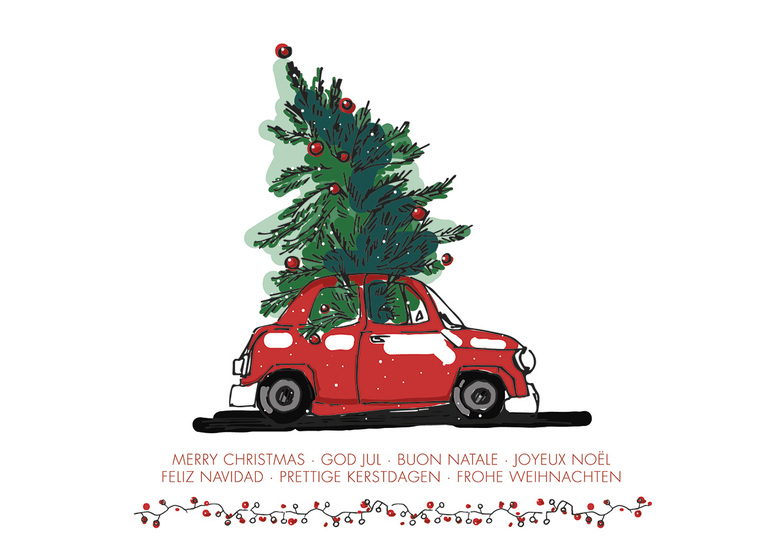 Weihnachtskarte: Christbaumtransporter