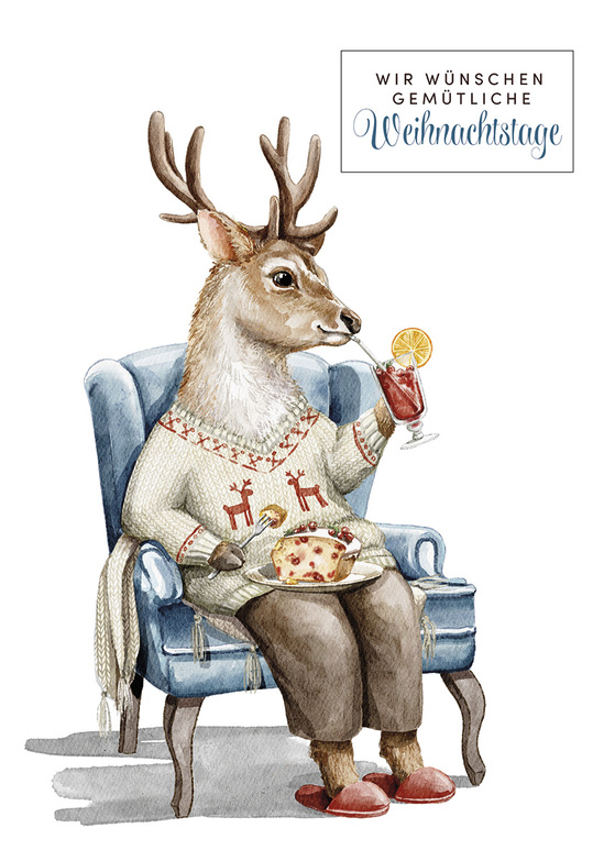 Weihnachtskarte: Elch im Sessel